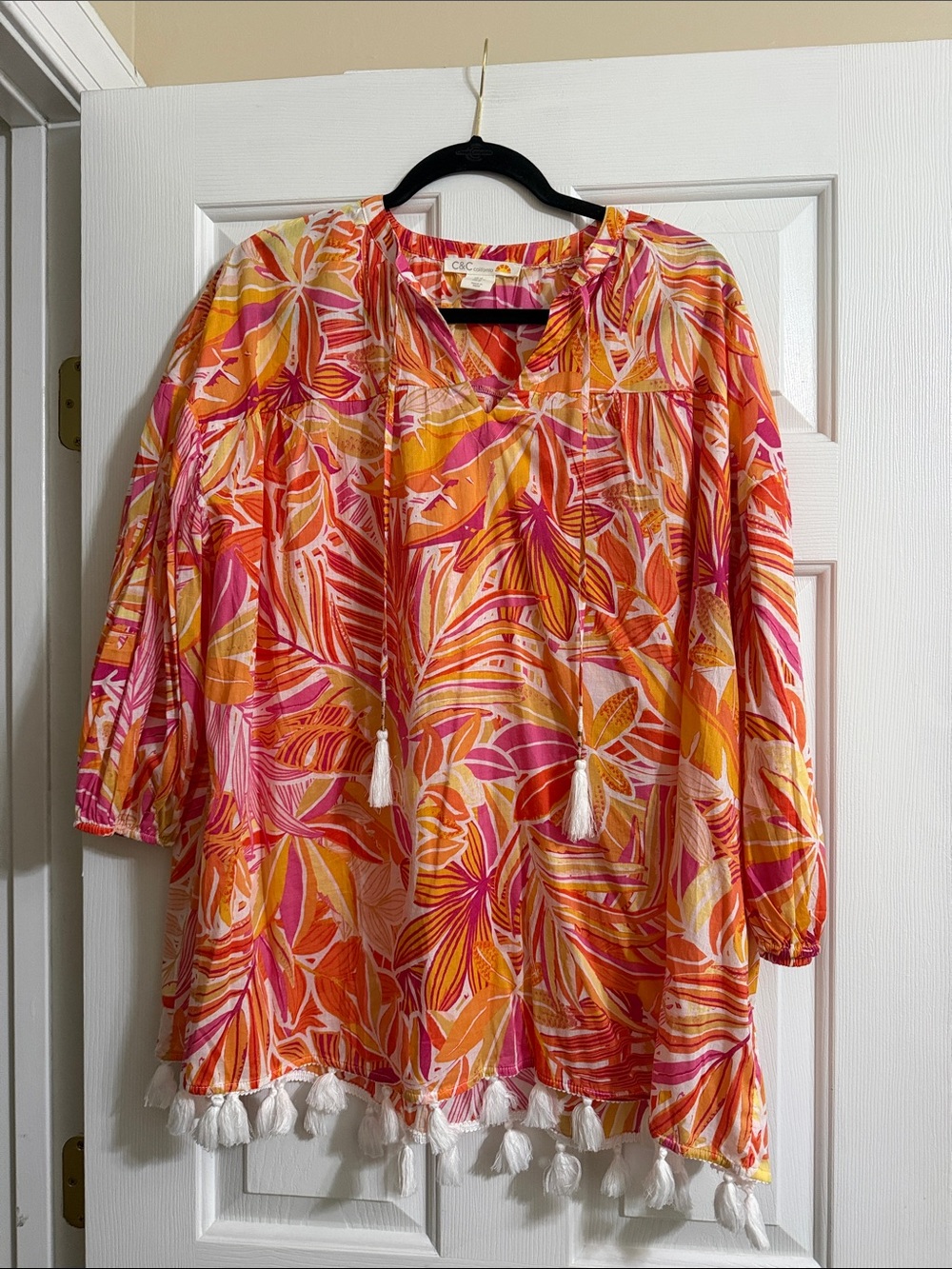 C&C California Pink and Orange Colorful Floral Tropical Tassel Beach Cover Up